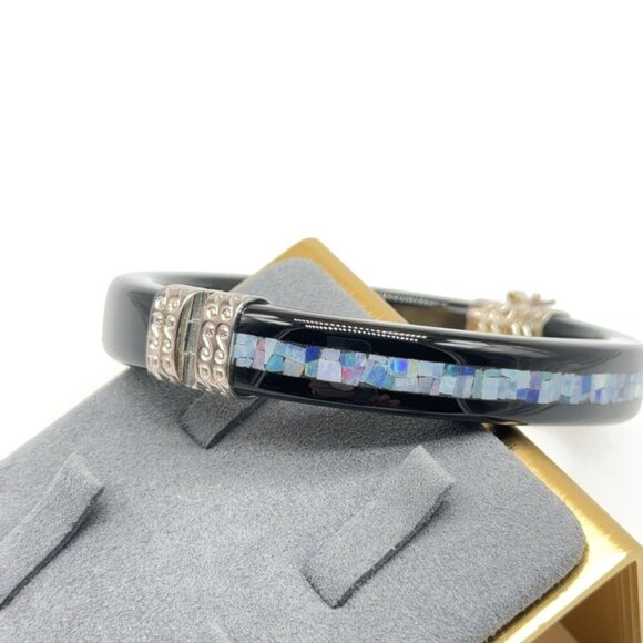 Jay King Bracelet Opal Mosaic Inlay Black Agate Micro Hinged Bangle Sterling 7.5 - Picture 2 of 10